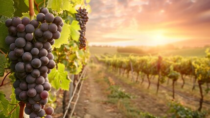Naklejka premium A vineyard pathway lined with grapevines, leading to a sunset horizon, with grapes hanging heavily from the vines