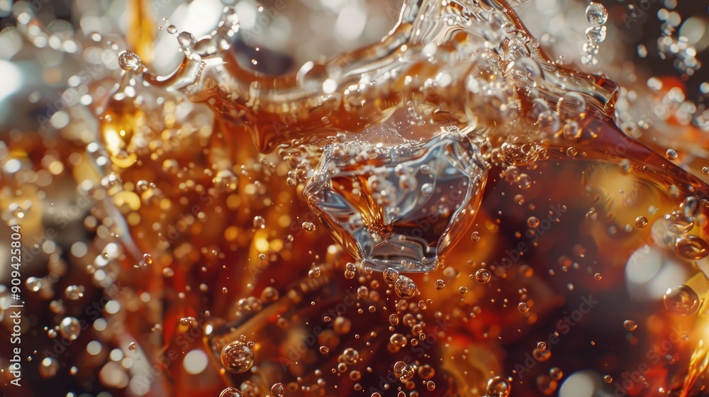 Poster 3d close-up of cola being poured into a glass filled with ice, capturing the bubbles and splash with