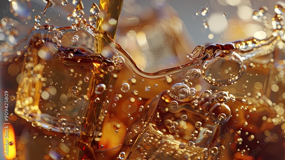 Poster 3d close-up of cola being poured into a glass filled with ice, capturing the bubbles and splash with