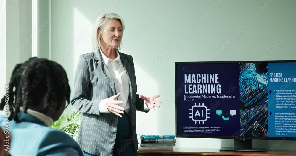 Poster seminar, meeting and woman with presentation in boardroom for ai, project and business pitch. it, di