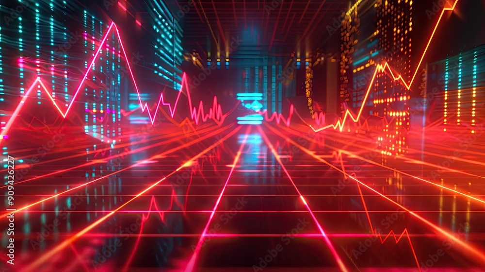 Poster 3d illustration of a financial graph with arrows and glowing lines on a digital grid background with