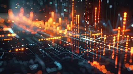 Fototapeta premium 3D illustration of a financial graph with rising trends and digital effects on a futuristic background with this inviting photo.
