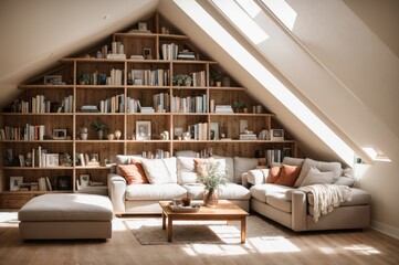 Delightful Attic Corner with Bookshelves and Sunlight Beaming In 