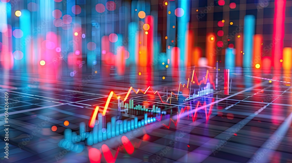 Poster 3d illustration of financial data charts with rising trends and digital effects on a grid background