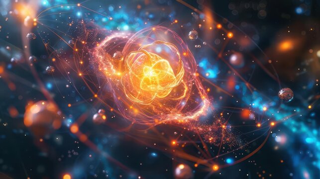 Design a dynamic galaxy scene with elements and nucleosynthesis creating atoms