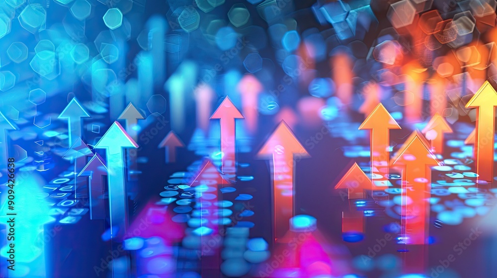 Poster 3d rendering of a financial market chart with arrows and digital effects on a blue background with t