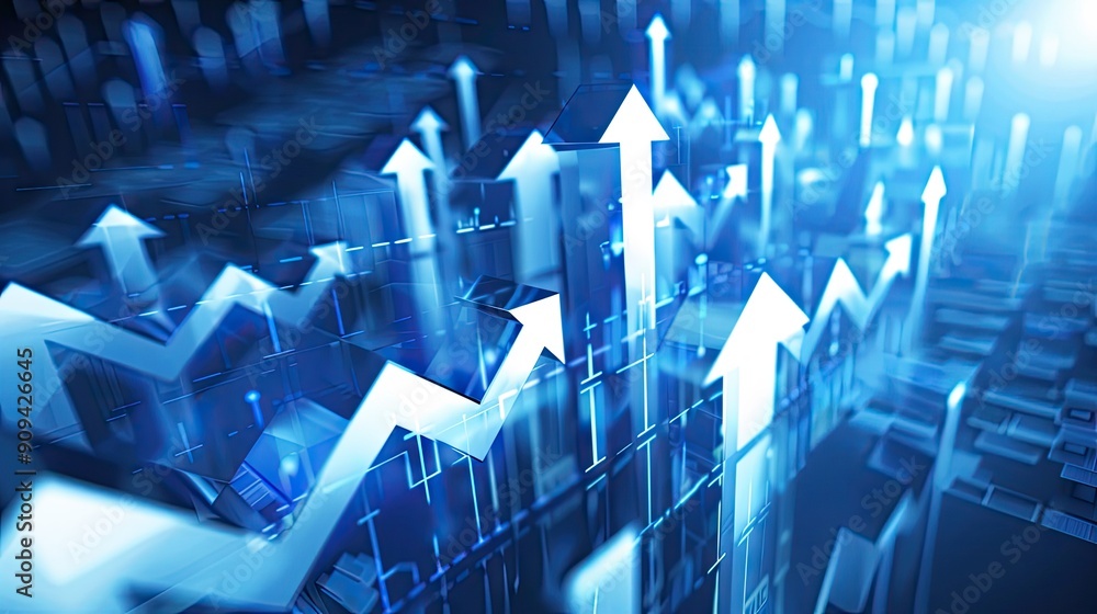 Poster 3d rendering of a financial market chart with arrows and digital effects on a blue background with t