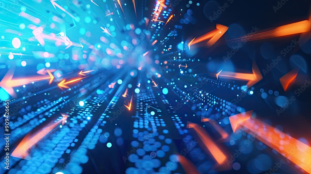 Poster 3d rendering of a financial market chart with arrows and digital effects on a blue background with t