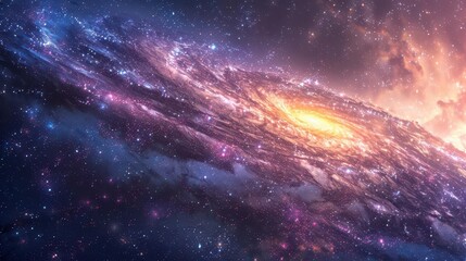 Fototapeta premium Design an aweinspiring galaxy scene with dimensions and space curvature, side view, emphasizing cosmic fabric, Scifi tone, colored pastel, copy space for text,