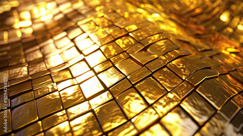 Poster 3D rendering of a golden background with a mosaic of reflective tiles, creating a shimmering, elegant visual effect with this inviting photo.
