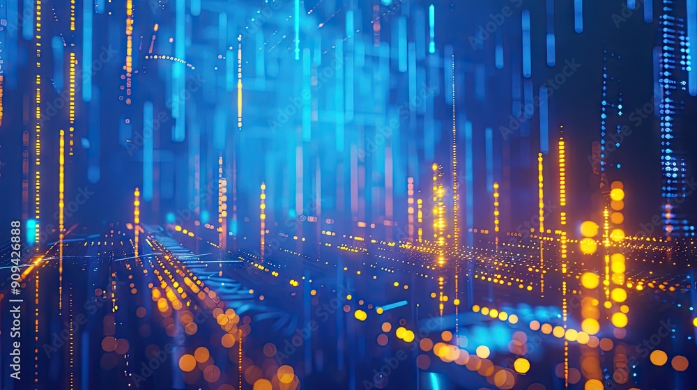 Poster 3d rendering of financial data charts with rising trends and glowing lines on a blue background with