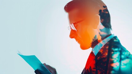 Fototapeta premium A focused theater director reading a script, merging with abstract, colorful patterns and silhouettes in double exposure