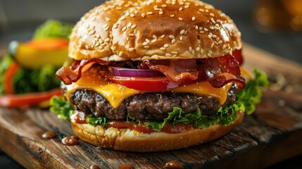 mouthwatering gourmet bacon cheeseburger on rustic wooden board melted cheese crispy bacon fresh vegetables artisanal bun glistening with sesame seeds