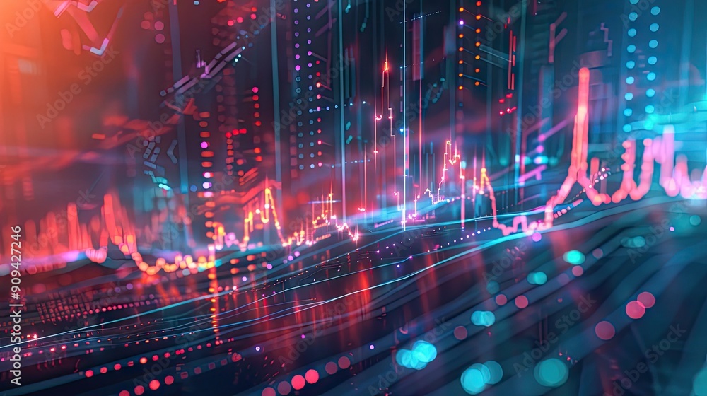 Poster abstract 3d financial data chart with rising trends and glowing effects on a futuristic background w