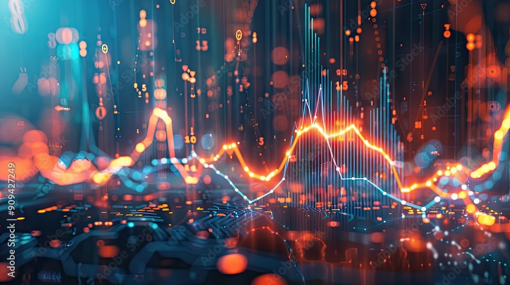 Poster abstract 3d financial data chart with rising trends and glowing effects on a futuristic background w