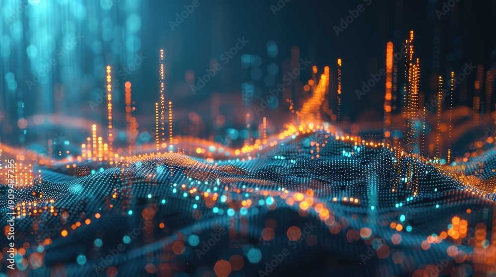 Poster abstract 3d financial data chart with rising trends and glowing effects on a dark background with th