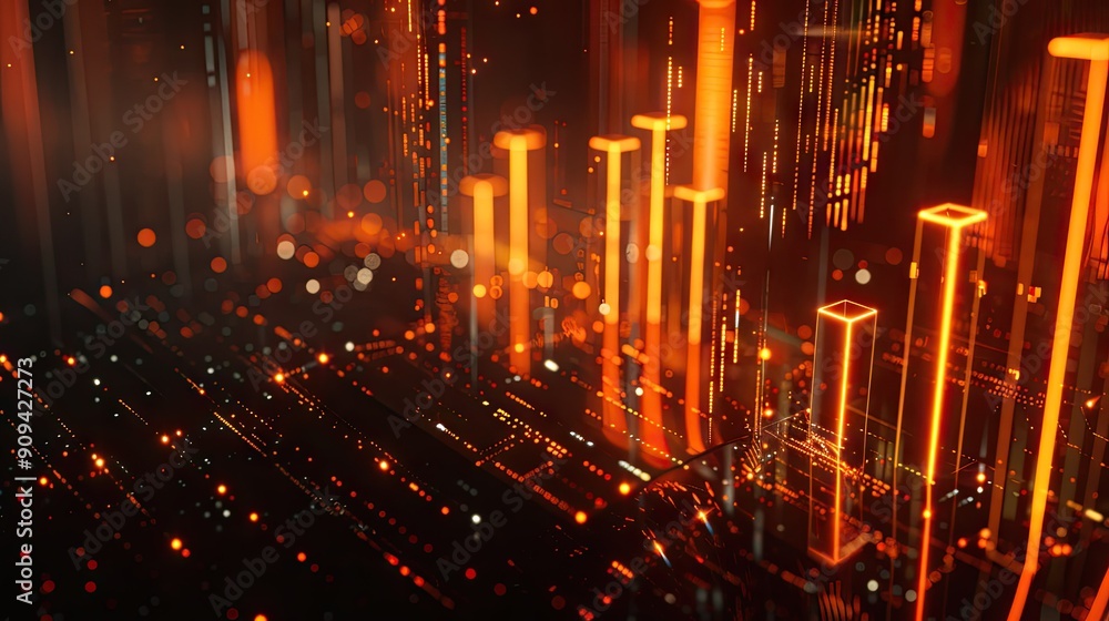 Poster abstract 3d financial data chart with rising trends and glowing effects on a dark background with th