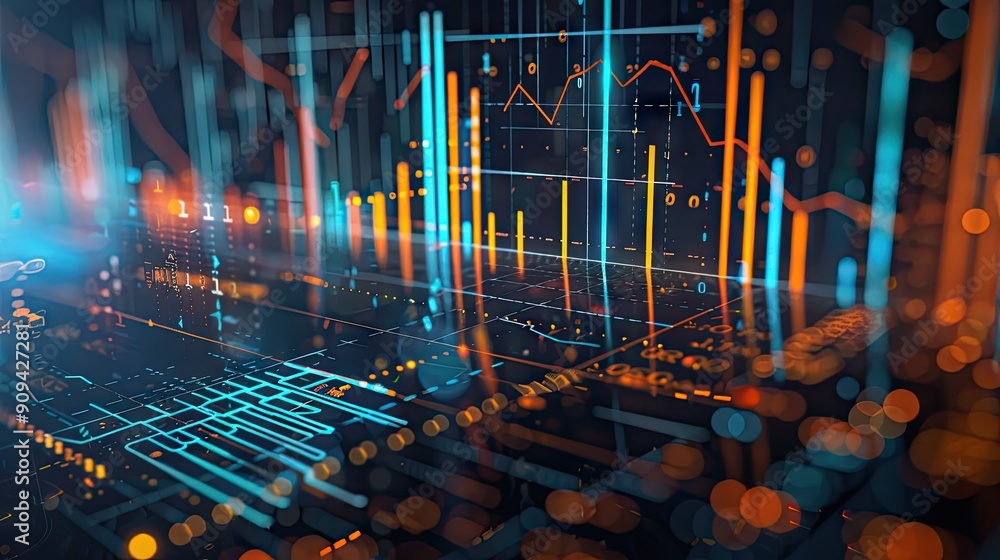 Poster abstract 3d financial data chart with rising trends and digital effects on a dark background with th