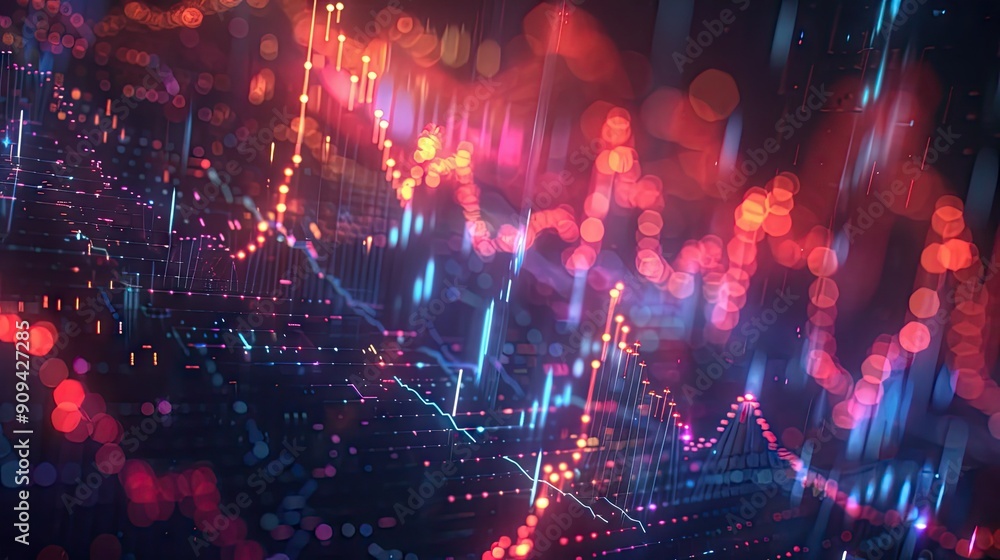 Poster abstract 3d financial data chart with rising trends and digital effects on a dark background with th