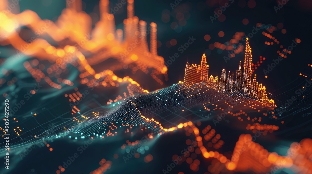 Poster abstract 3d financial data chart with rising trends and glowing effects on a dark background with th