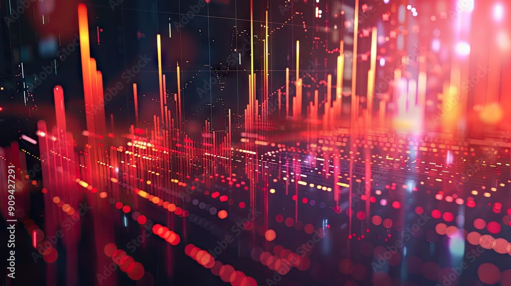 Poster abstract 3d financial data chart with rising trends and digital effects on a dark background with th