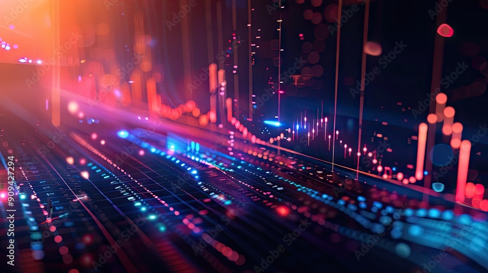 Poster abstract 3d financial data chart with rising trends and digital effects on a dark background with th