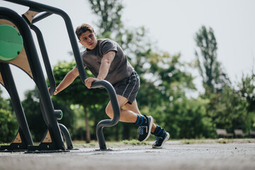 Young man intensely working out on outdoor fitness equipment in a park, demonstrating strength and fitness in nature.