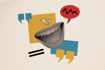 Composite artwork collage image picture of talking mouth dialogue bubble isolated on creative...