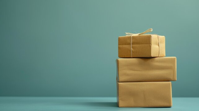 Three stacked brown paper packages tied with string Minimalist background