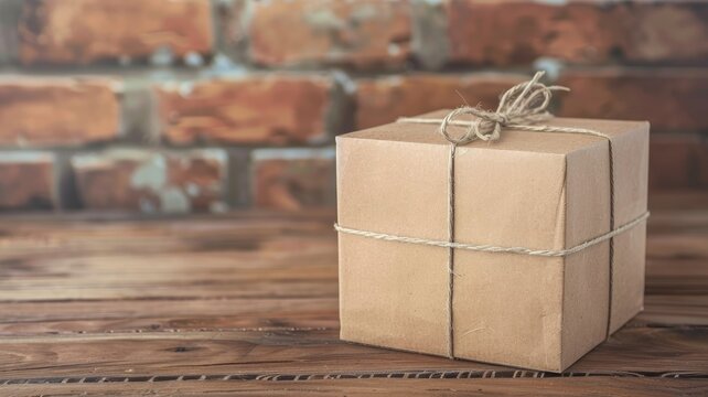 Wrapped brown paper package tied with string on wooden table brick wall background
