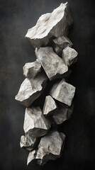 Stacked rough grey stones on dark background, abstract composition. Nature and texture concept