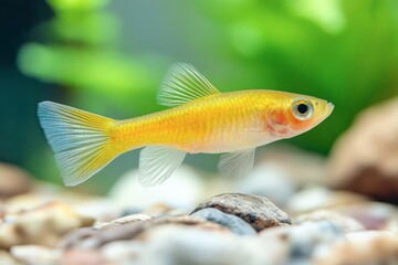 Fototapeta premium Bright Yellow Fish Swimming Among Pebbles in Freshwater Tank