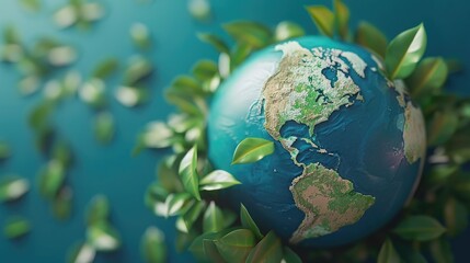 Fototapeta premium Abstract 3D rendering of a globe with green leaves, emphasizing global environmental awareness with this inviting photo.