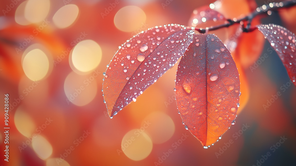 Poster close up of dew covered autumn leaves vibrant reds and oranges against a soft bokeh background