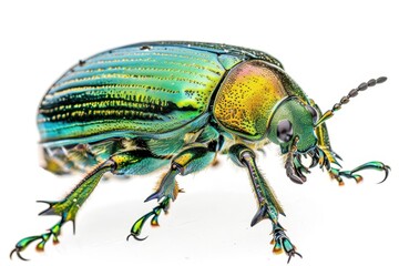 Naklejka premium iridescent green june beetle perched delicately macro shot reveals intricate details of exoskeleton legs and antennae against clean white background
