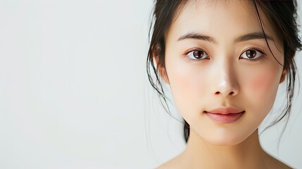 Beautiful Asian woman with smooth skin, posing on a white background. Facial treatment and beauty care theme. Room for text above.