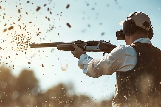 A man aiming and shooting with a shotgun during a sunny day, with spent cartridges flying and protective gear on.