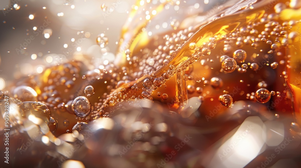 Poster close-up 3d render of cola pouring over ice, focusing on the sparkling bubbles and cold condensation