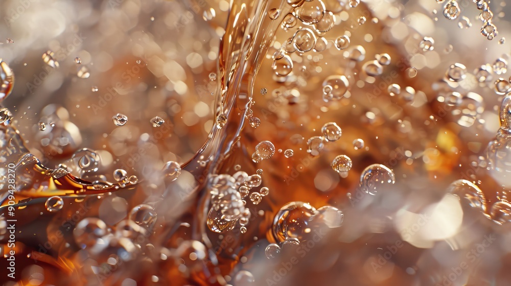 Poster close-up 3d render of cola pouring over ice, focusing on the sparkling bubbles and cold condensation