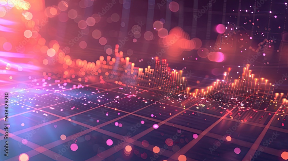 Poster detailed 3d illustration of a financial graph with rising trends and glowing lines on a grid backgro