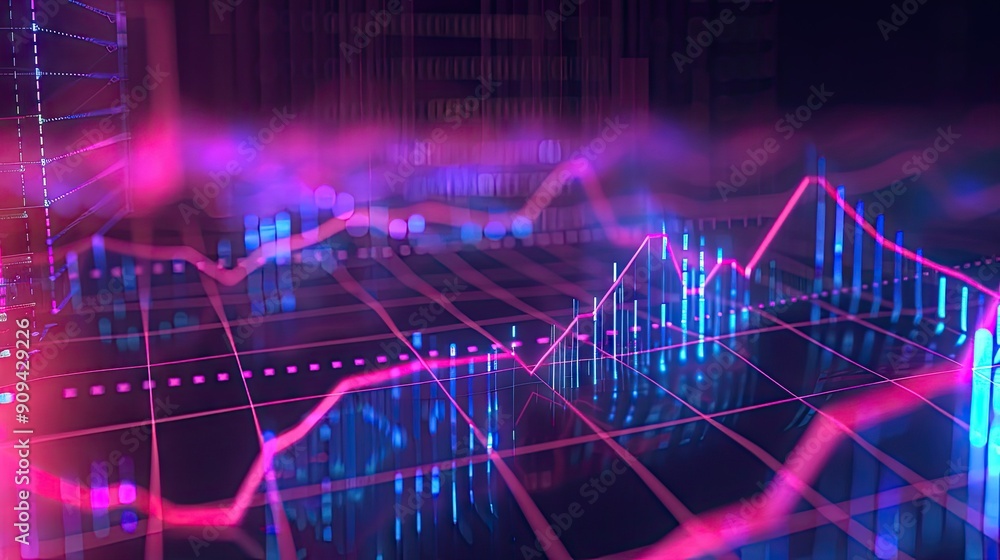 Poster detailed 3d illustration of a financial graph with rising trends and digital lines on a grid backgro