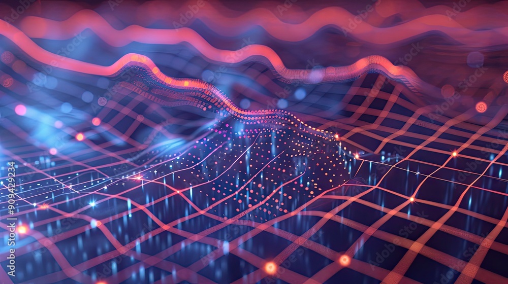 Poster detailed 3d illustration of a financial graph with rising trends and digital lines on a grid backgro