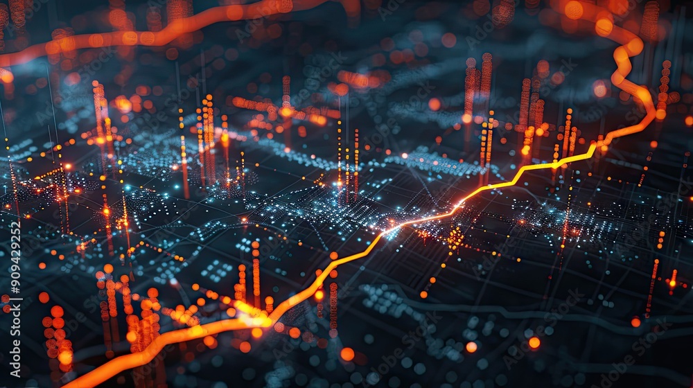 Aufkleber detailed 3d illustration of a financial market chart with data points and digital lines on a dark ba