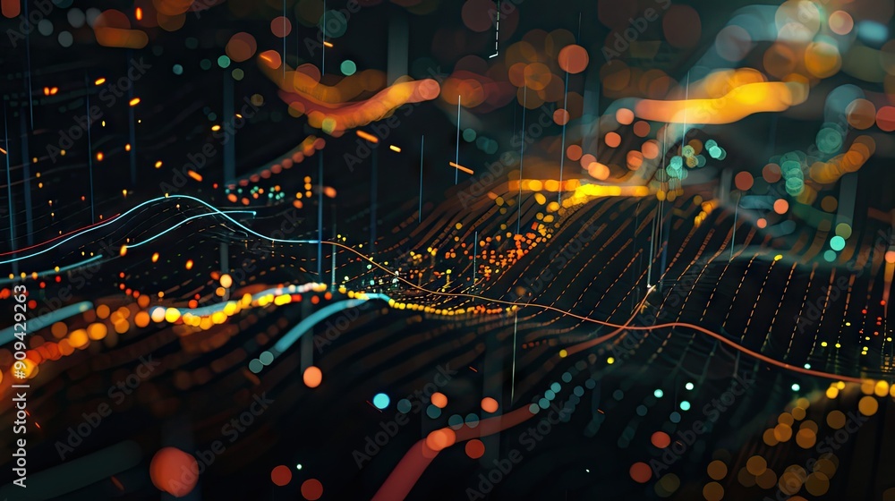 Poster detailed 3d illustration of a financial market chart with data points and digital lines on a dark ba