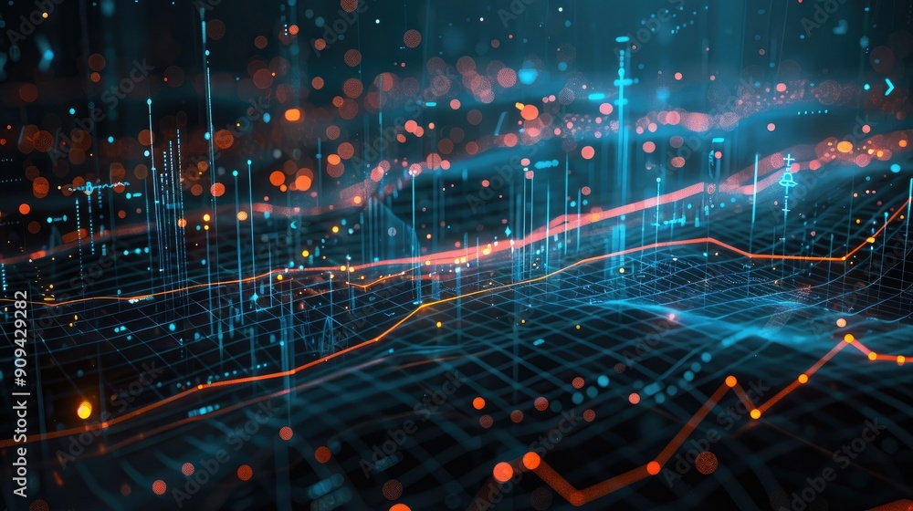 Poster detailed 3d illustration of a financial market chart with data points and digital lines on a dark ba