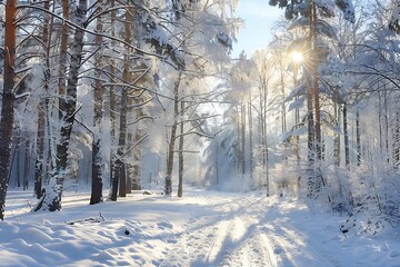 winter forest landscape with  trees and snow in sunny day 
