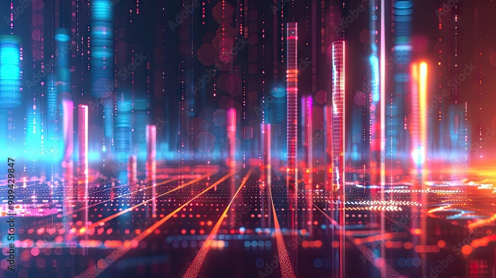 Poster detailed 3d rendering of financial growth with bar charts and glowing effects on a grid background w