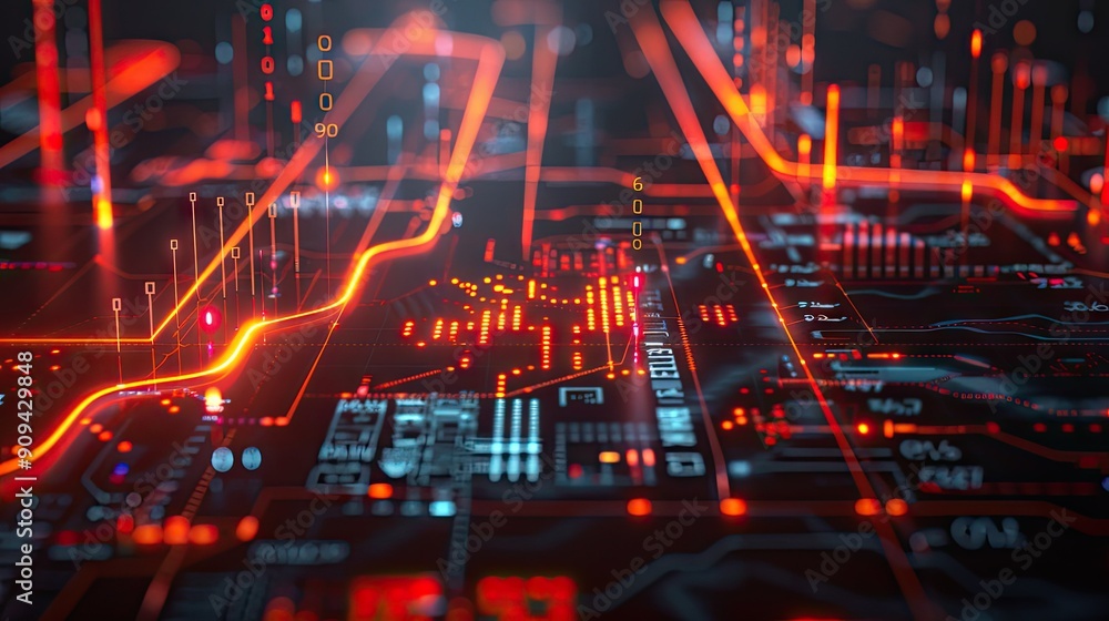 Poster detailed 3d rendering of financial data charts and symbols with glowing lines on a dark background w