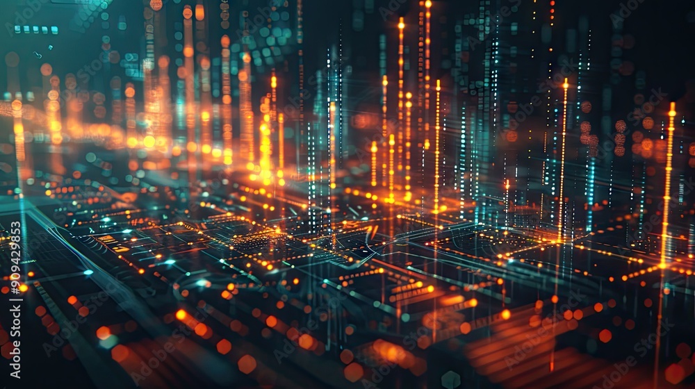 Aufkleber detailed 3d rendering of financial data charts and symbols with glowing lines on a dark background w