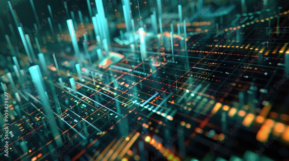 Poster detailed 3d rendering of financial growth with bar charts and digital lines on a grid background wit